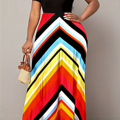  Colorblock Stripe Print Short Sleeve Maxi Dress