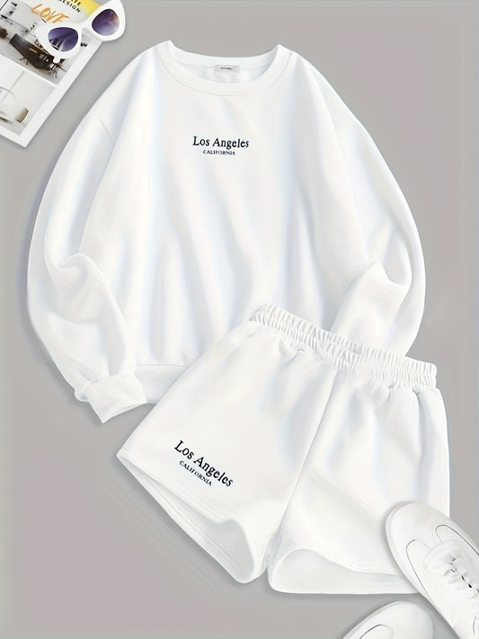  Women's Letter Print Long Sleeve Pullover Top & Shorts Outfits