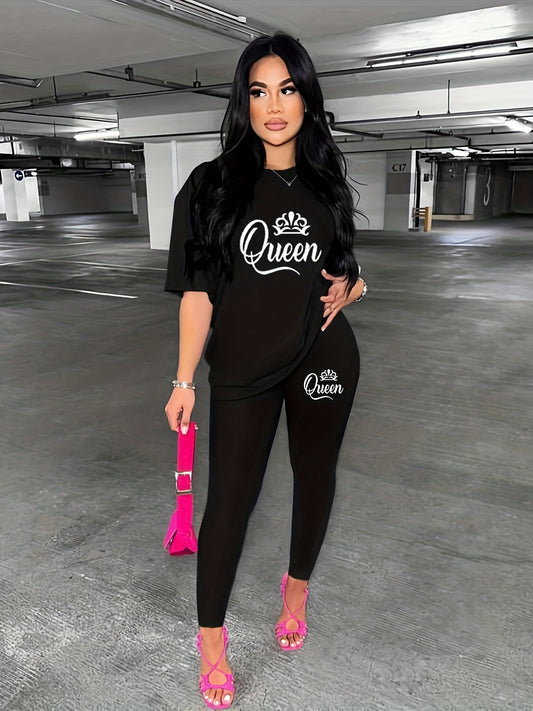 Graphic Print Two piece Set Crew Neck Short Sleeve Tee & Long Length Slim Pants