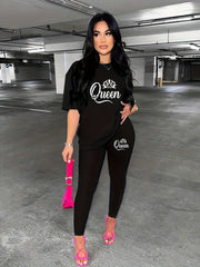 Graphic Print Two piece Set Crew Neck Short Sleeve Tee & Long Length Slim Pants