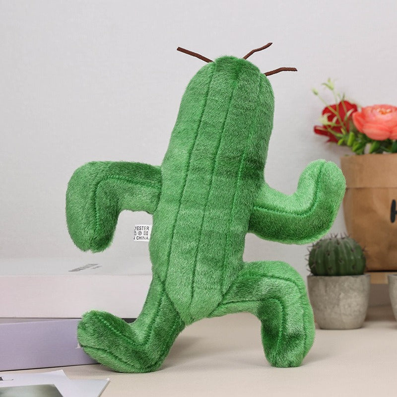 Green Cactus Plush Toy 9in Whimsical Desk Decor Eyes & Mouth
