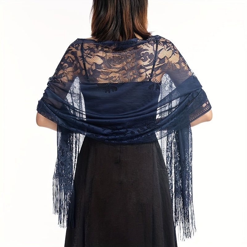 Lace Shawl Solid Hollow Out Tassel Wrap Scarf For Evening Dresses