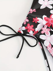 Floral Print Tankini Set Halter Neck Knot Side Top & Underwear Two Pie