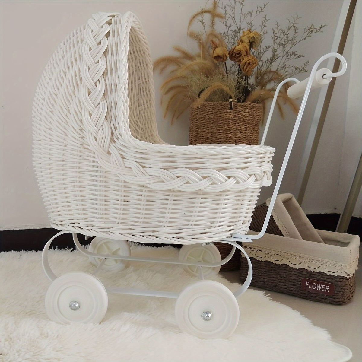 Hand Woven Rattan Toy Cart for Pets - All Seasons, Washable, Iron Frame