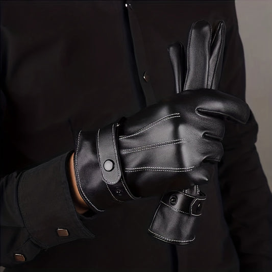 Men's Winter Leather Plus Velvet Touch Screen Gloves Waterproof Windproof