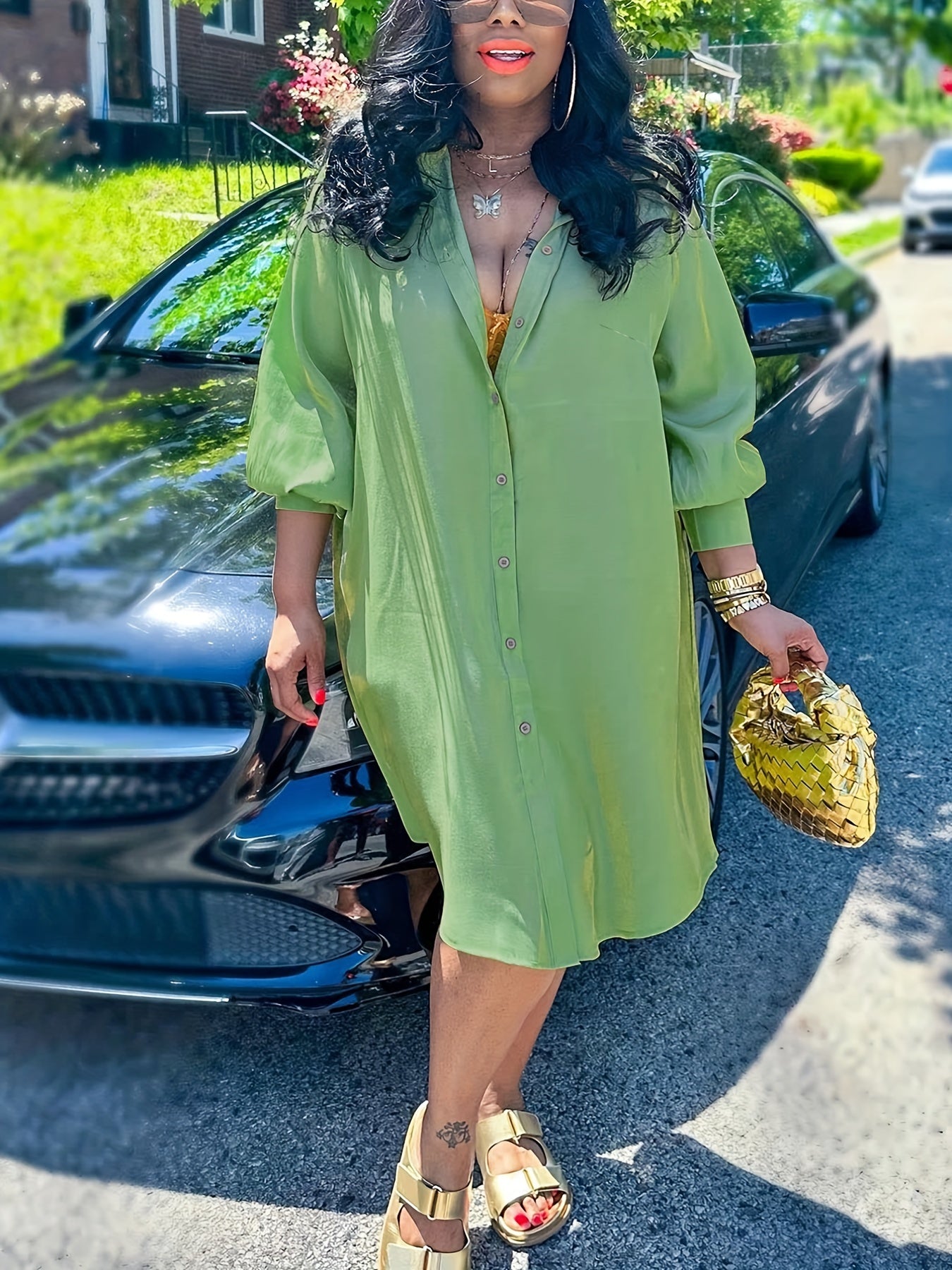  Solid Lantern Sleeve Button Up Shirt Dress