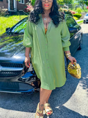  Solid Lantern Sleeve Button Up Shirt Dress