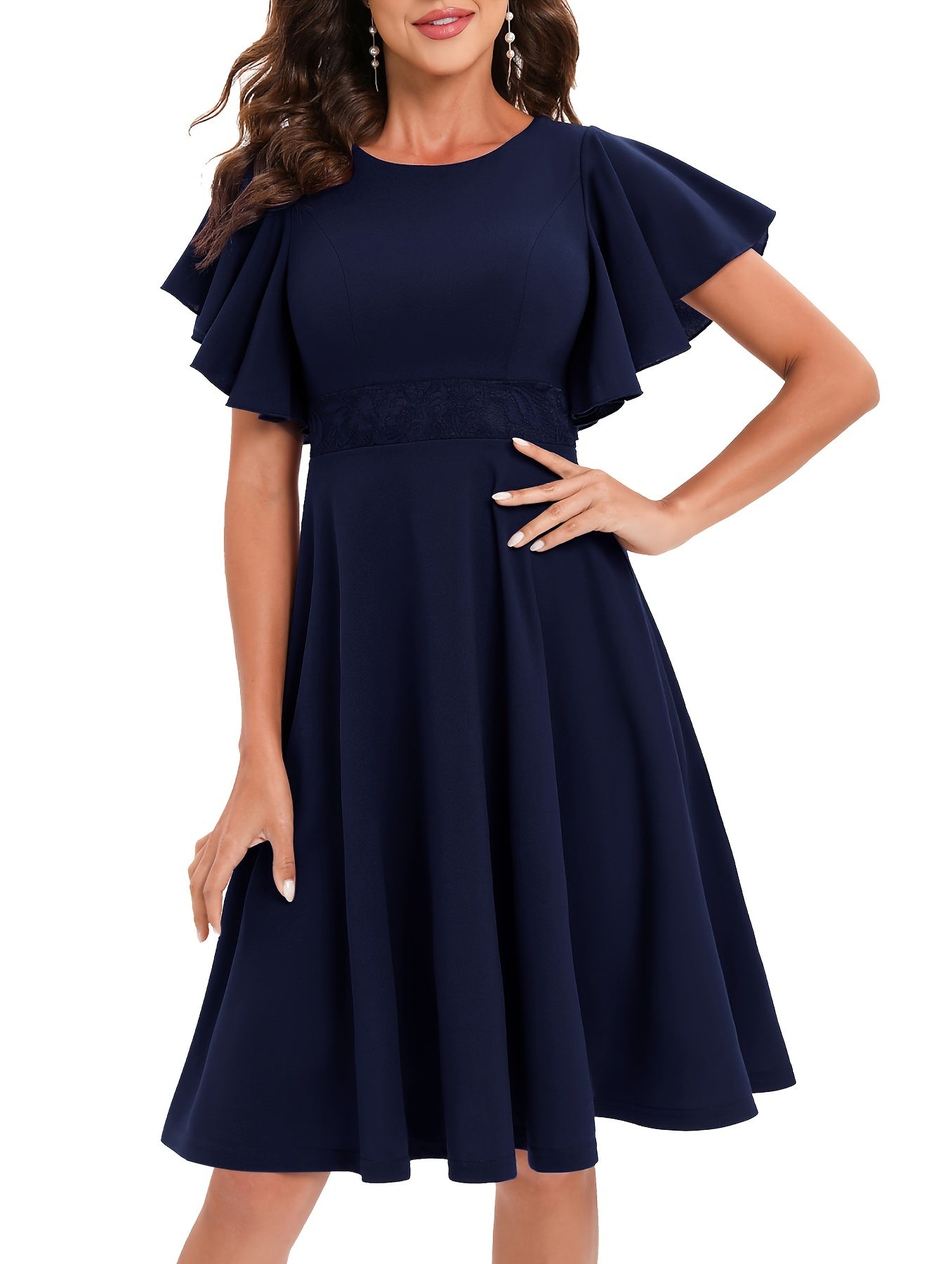Ruffle Sleeve Slim Dress Zip Back Crew Neck