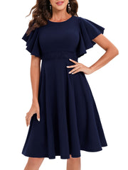 Ruffle Sleeve Slim Dress Zip Back Crew Neck