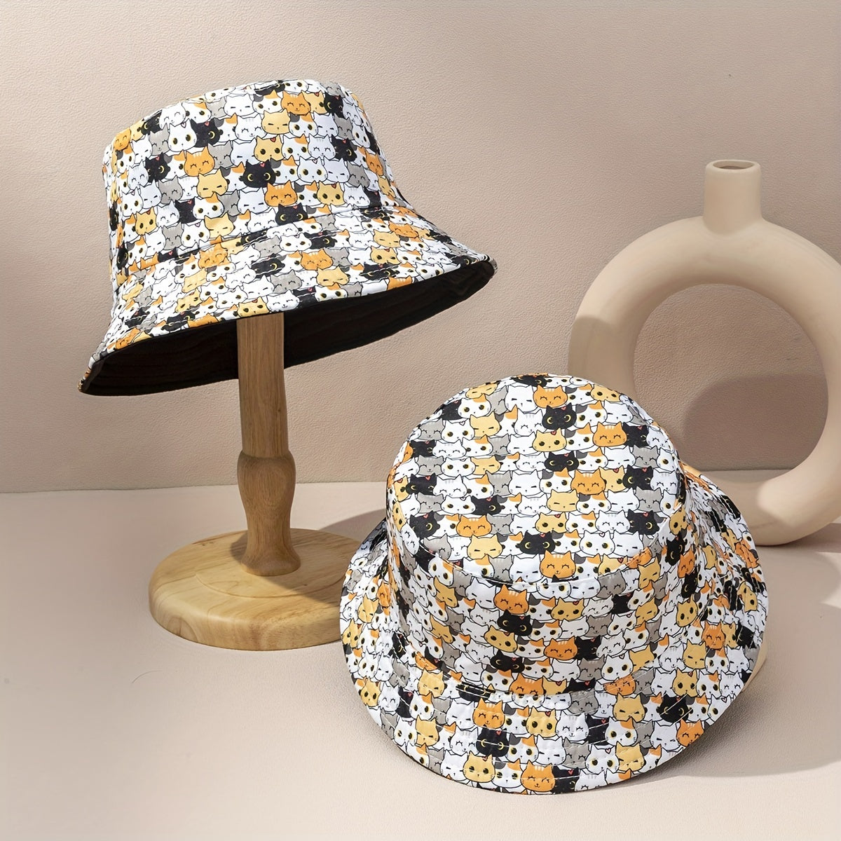 Cartoon Cat Reversible Bucket Hat Animal Print Sunshade Fisherman Cap