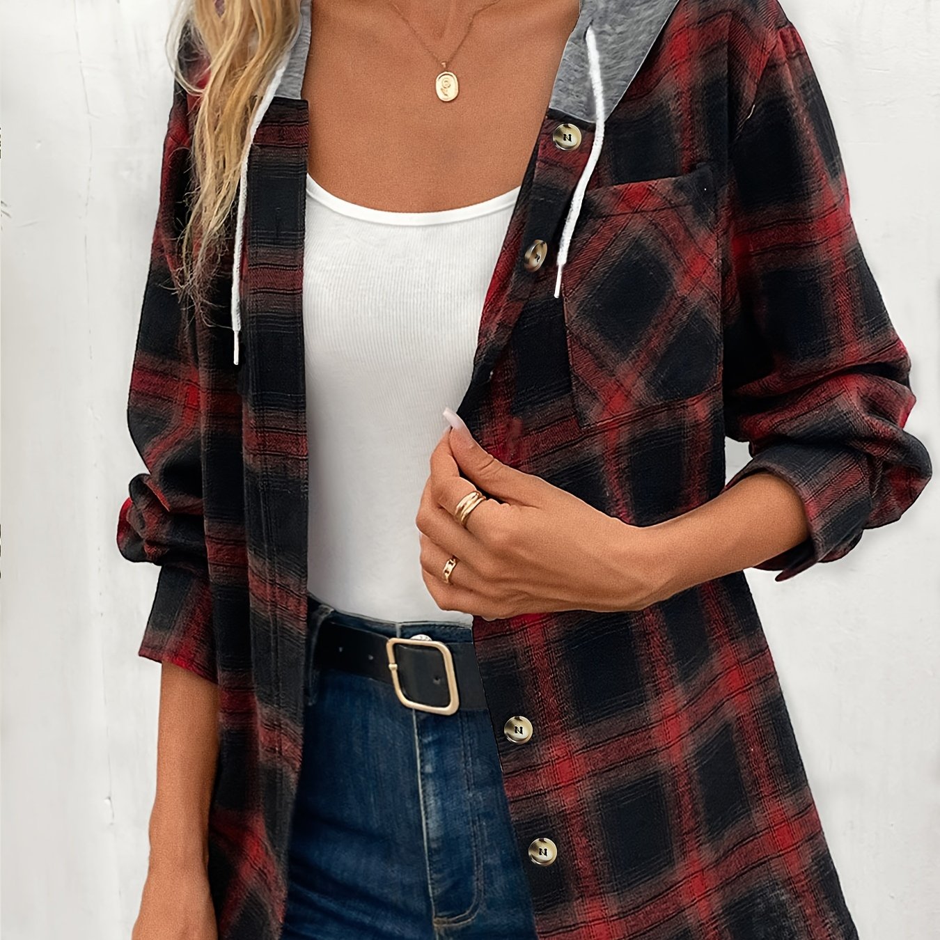  Colorblock Plaid Hooded Shacket