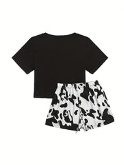 Cow Print Pajama Set Short Sleeve Top & Shorts Women's Sleepwear