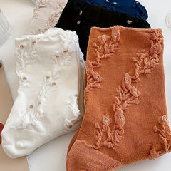 5 Pairs Floral Print Socks Comfy & Breathable Textured Women's Stockings
