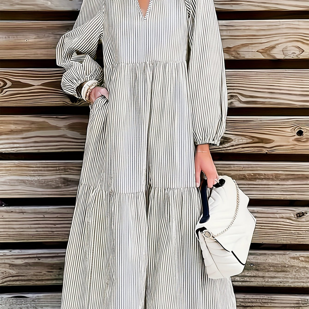  Stripe Print Lantern Sleeve Notched Neck Smock Maxi Dress