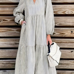  Stripe Print Lantern Sleeve Notched Neck Smock Maxi Dress