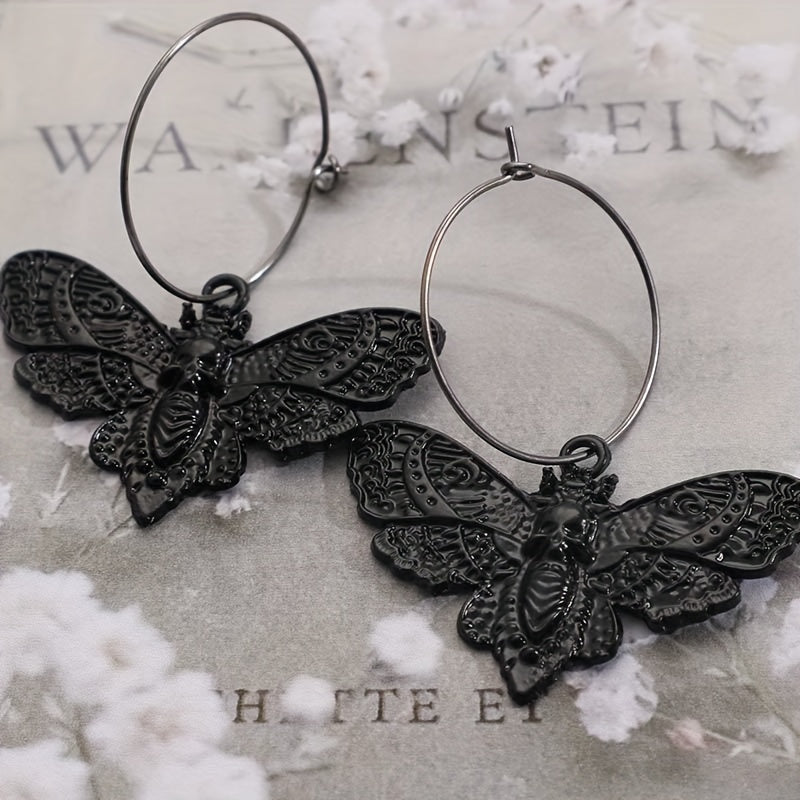 Vintage Goth Moth Skull Dangle Earrings Retro Style