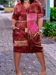  Denim Print Short Sleeve V Neck Dress With Pockets