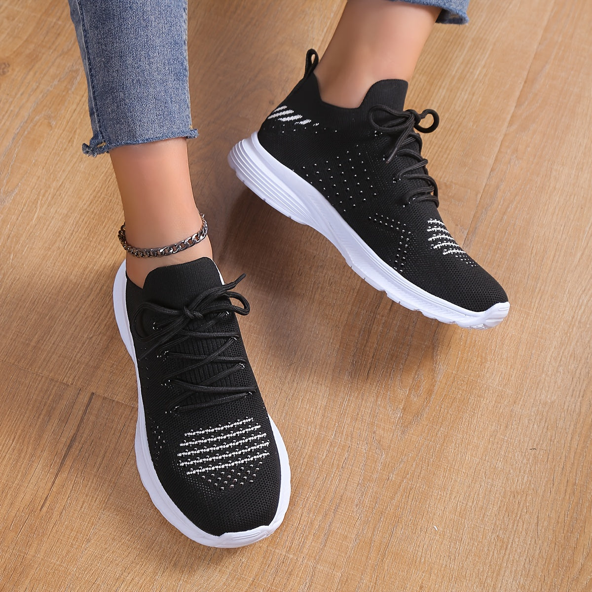 Women's Casual Knit Mesh Sneakers Lace Up Low Top Soft Sole Shoes