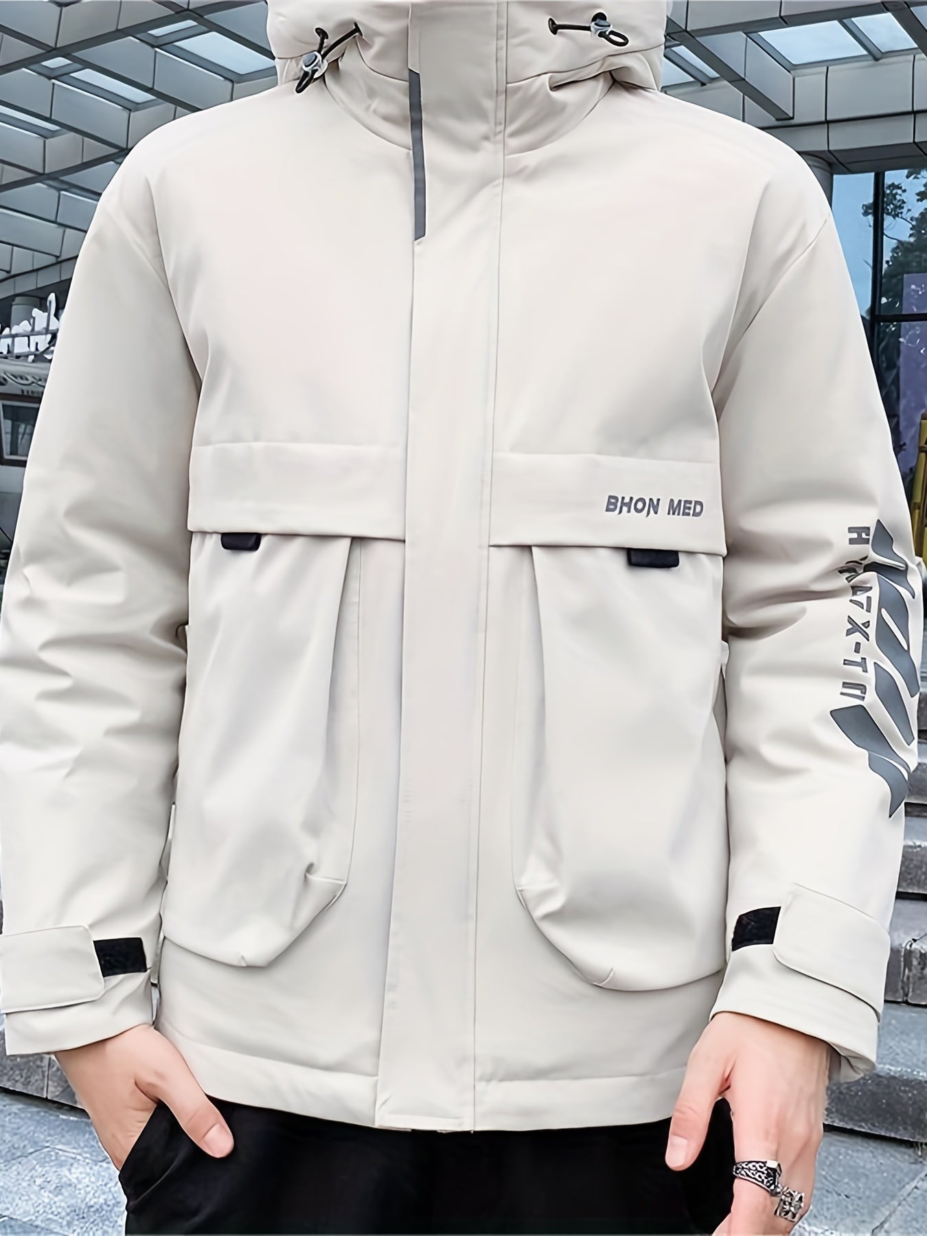 Men's Big Pocket Hooded Jacket Solid Zip Up Cotton Padded Jacket For Fall Winter