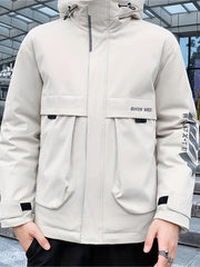 Men's Big Pocket Hooded Jacket Solid Zip Up Cotton Padded Jacket For Fall Winter