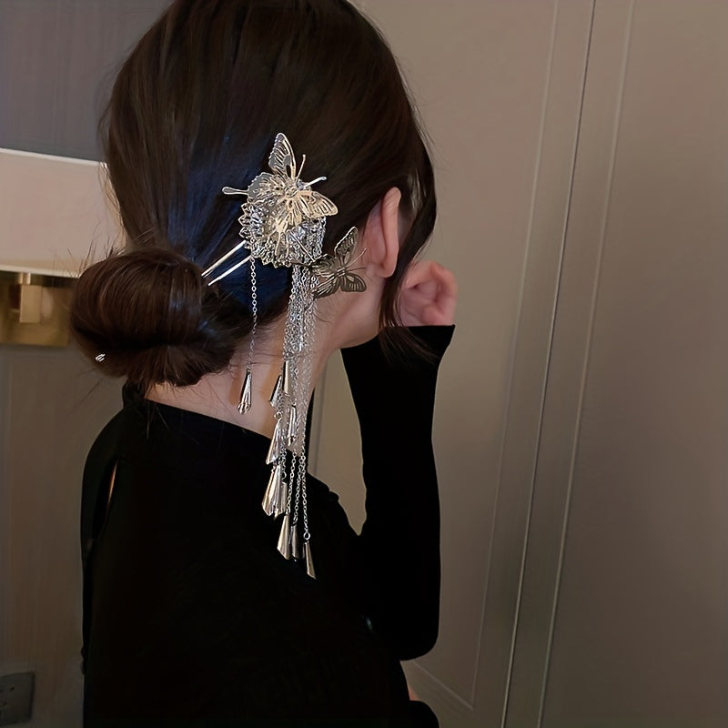 Y2K Vintage Hairpin U Shape Butterfly Flower Tassel Women's Accessory