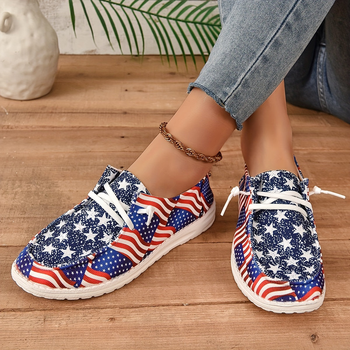 Women's Flag Pattern Shoes Lace Up Low Top Lightweight Casual Flat Shoes