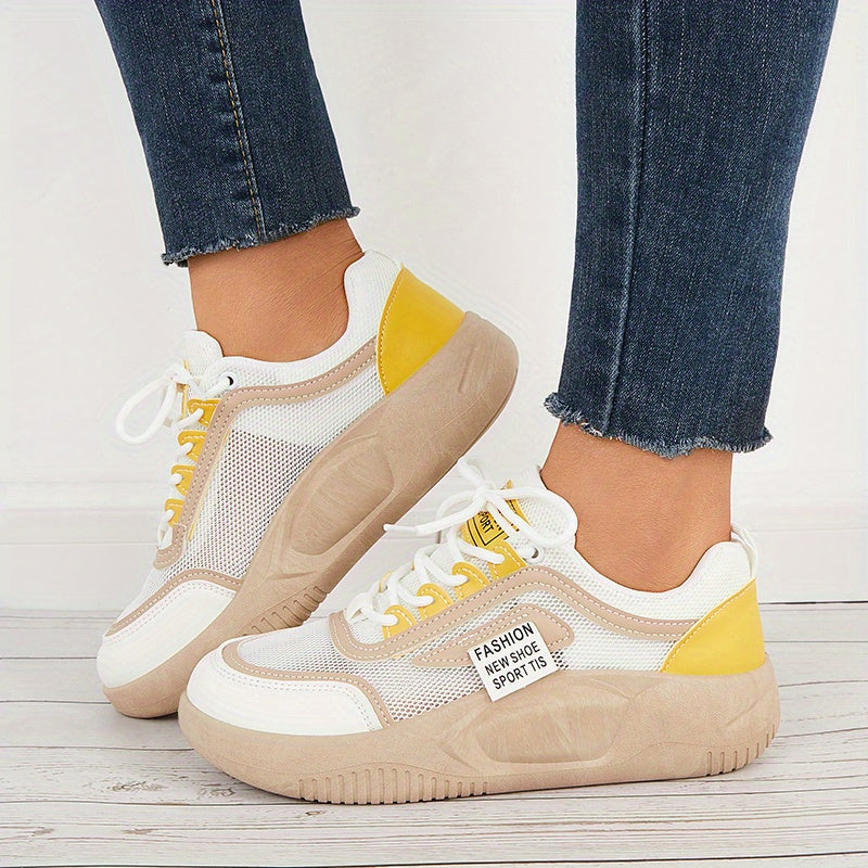 Women Colorblock Mesh Chunky Sneakers Thick Sole Lace Up Sport Shoes