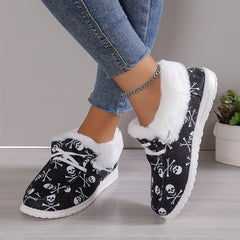 Women's Plush Lined Canvas Shoes Halloween Skull Printed Low Top Shoes