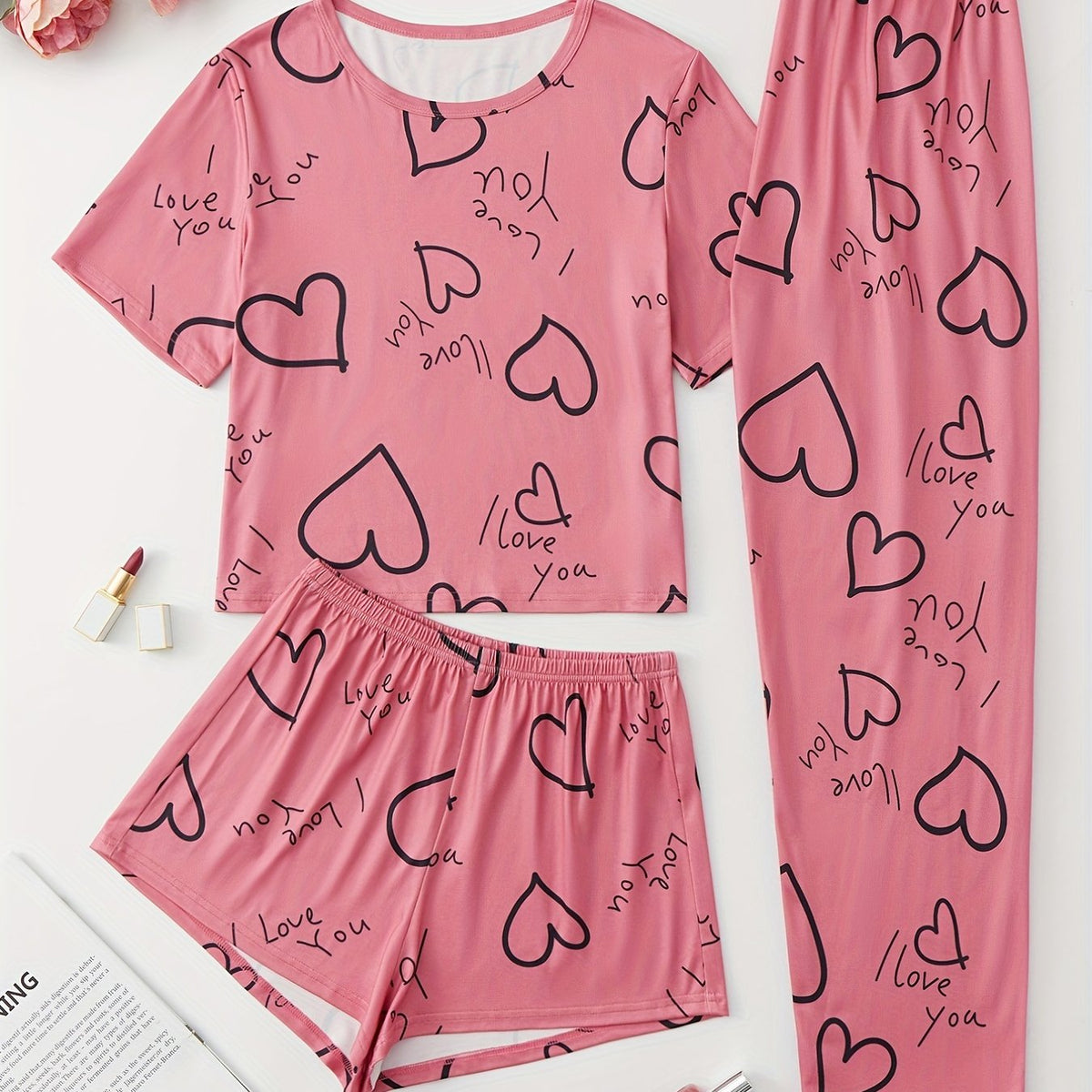 Letter & Heart Print Pajamas Set Short Sleeve Crew Neck Top & Shorts