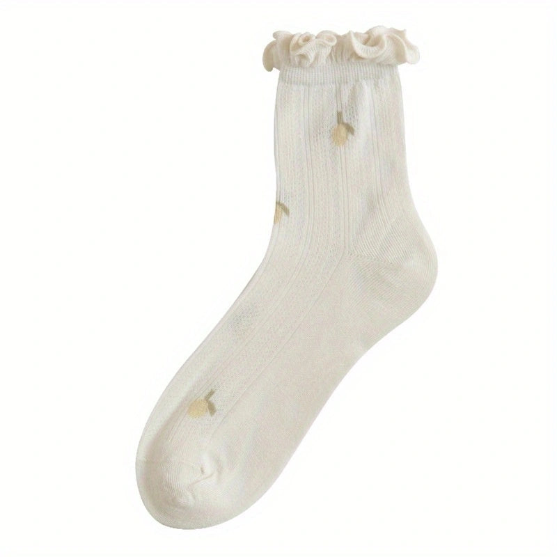 Floral Fruit Print Ruffle Socks Women's Stockings