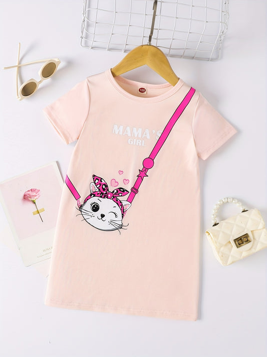 Toddler Girls Cat Messenger Bag Graphic Crew Neck Casual T shirt Dress