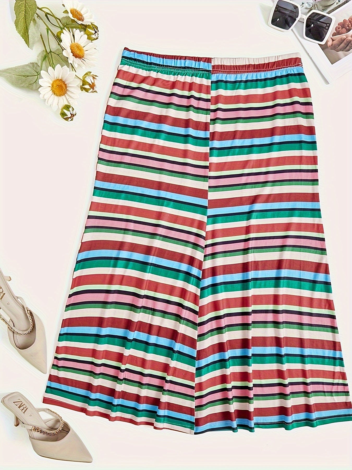  Colorful Stripe Print Midi Skirt