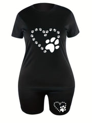 Women's Plus Dog Footprint Print Tee & Shorts Set