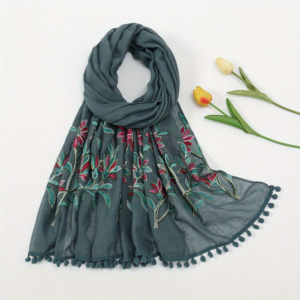 Leaf Embroidery Vintage Scarf Boho Tassel Shawl Solid Windproof Warm Wraps