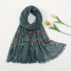 Leaf Embroidery Vintage Scarf Boho Tassel Shawl Solid Windproof Warm Wraps