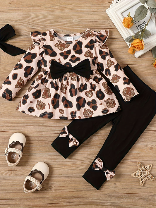 3pcs Baby Girls Leopard Print Sleeve Top Pants Set With Headband