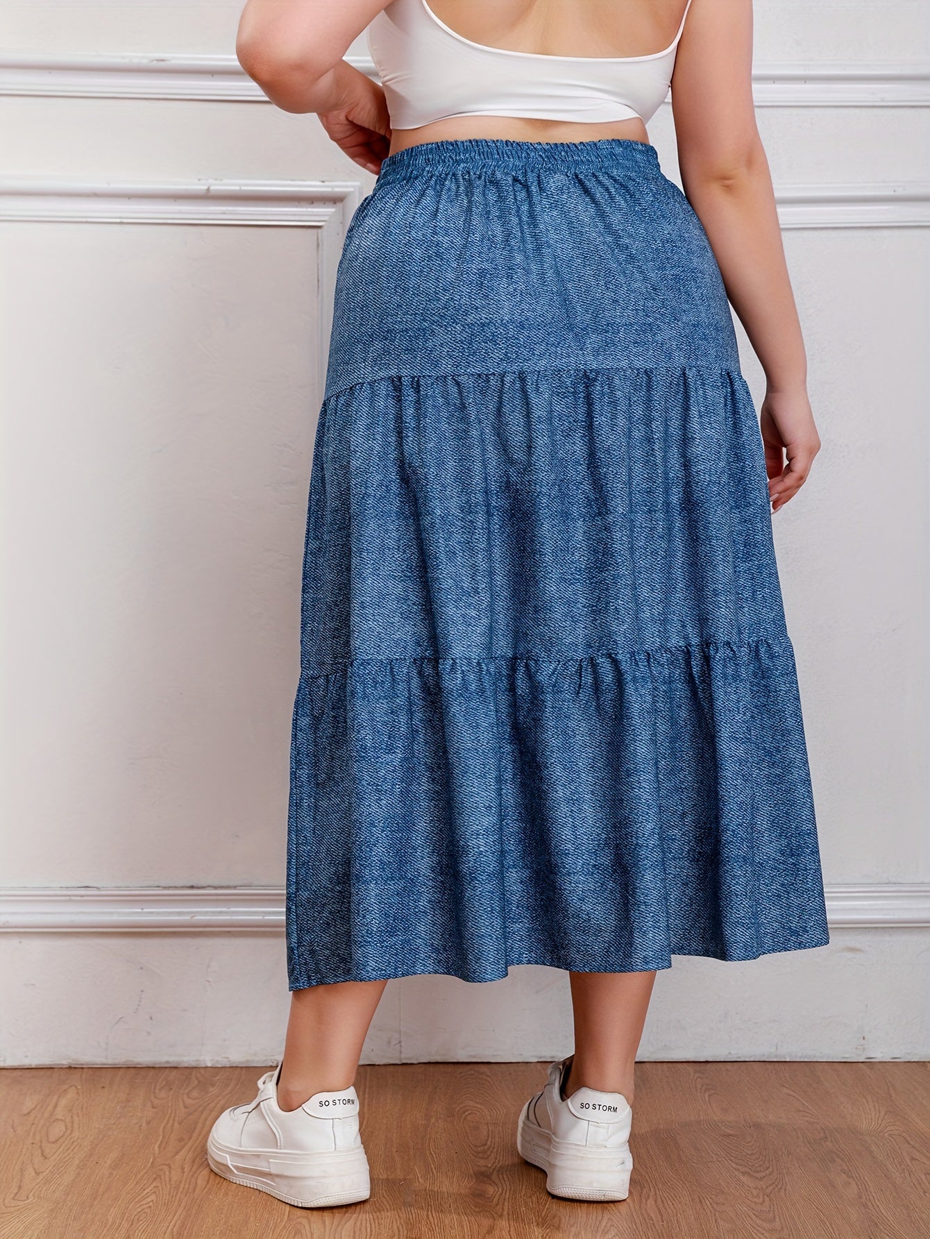  Casual Skirt Women's Plus Denim Print Drawstring Elastic High Rise