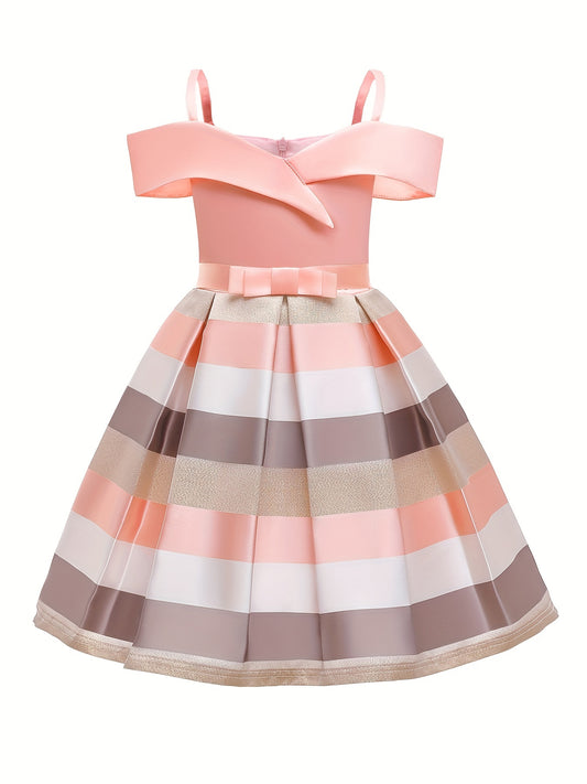 Girls Striped Bow Princess Dress Gown Cold Shoulder Piano Performance
