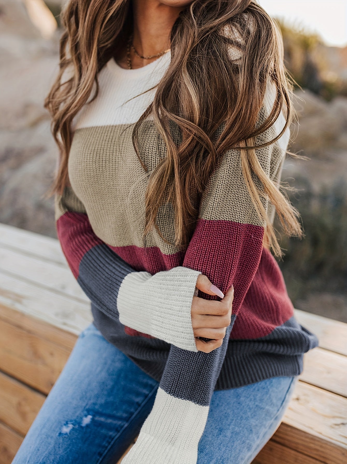  Colorblock Striped Sweater Long Sleeve Crew Neck Pullover Jumper