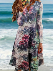  Paisley Print Long Sleeve Half Zipper Boho Dress