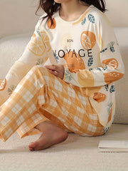 Lemon Print Pajamas Set Short Sleeve Crew Neck Top & Plaid Pants