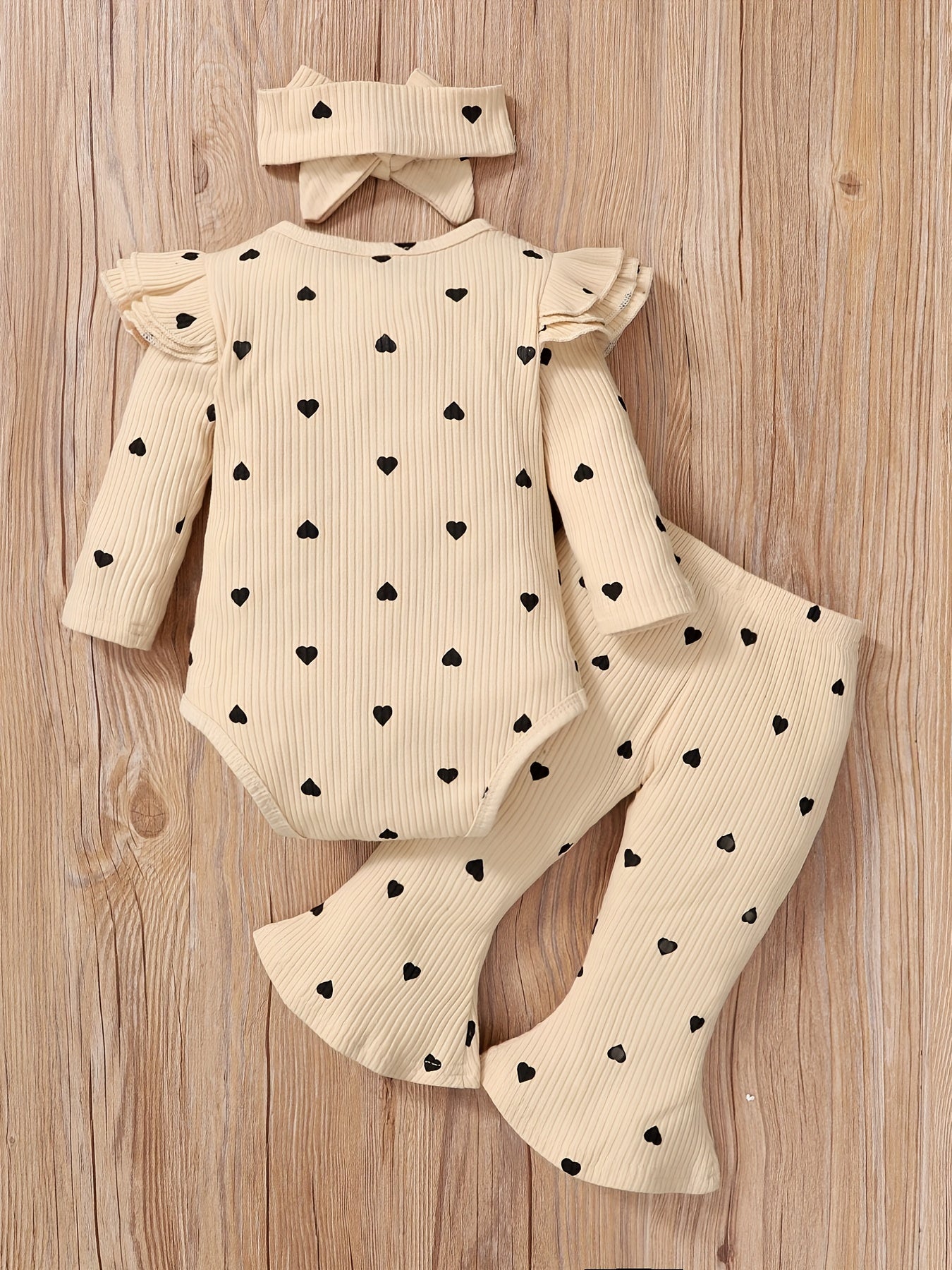 Heart Print Bodysuit Flared Pants 2pcs Casual Set