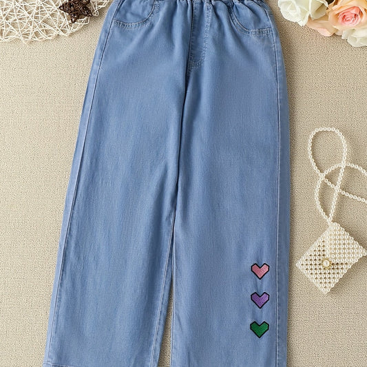 Girls Heart Embroidered Wide Leg Jeans for Spring Summer