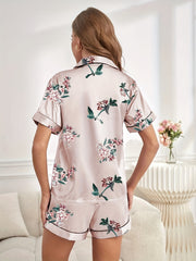 Floral Print Pajamas Set Short Sleeve & Elastic Waist Shorts