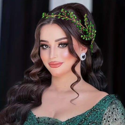 Green Floral Bridal Headpiece with Pearl Accents