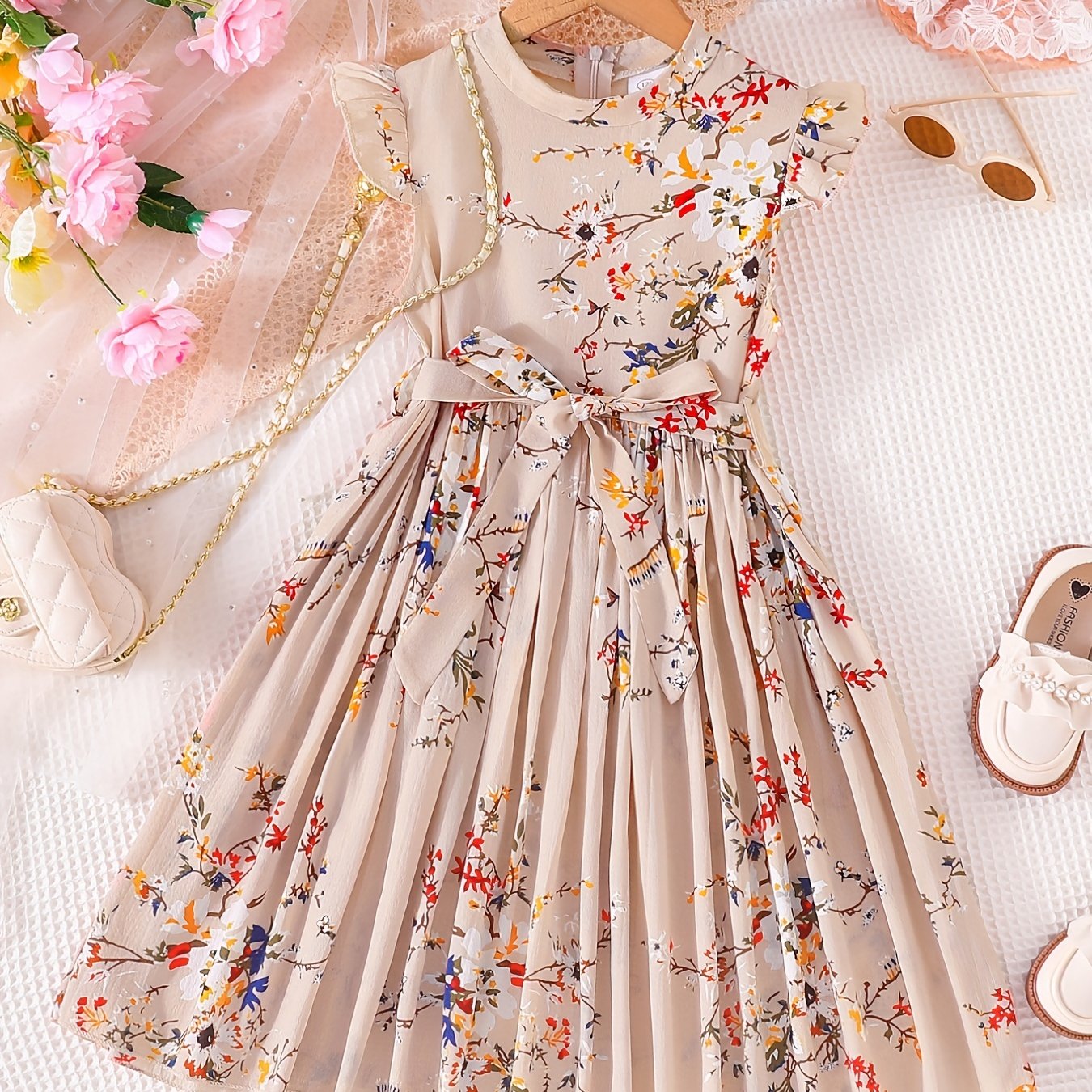 Girls Floral Graphic Pleated Dress For Party Beach Vacation