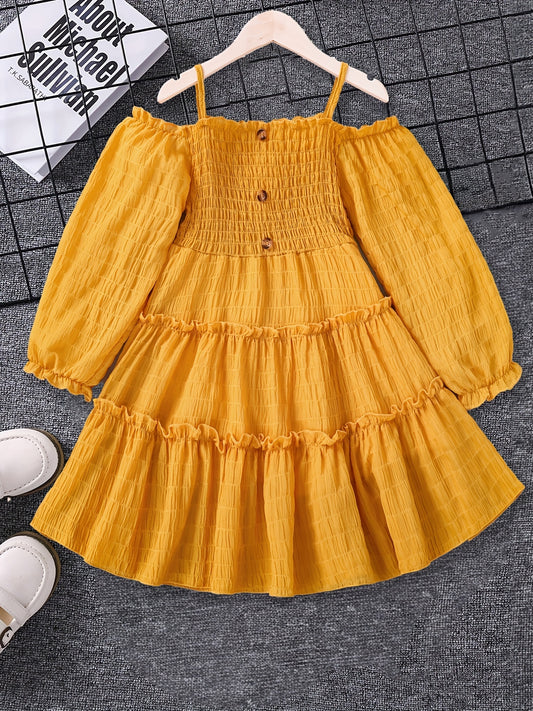 Girls' Cold Shoulder Boho Dress with Flounce Trim