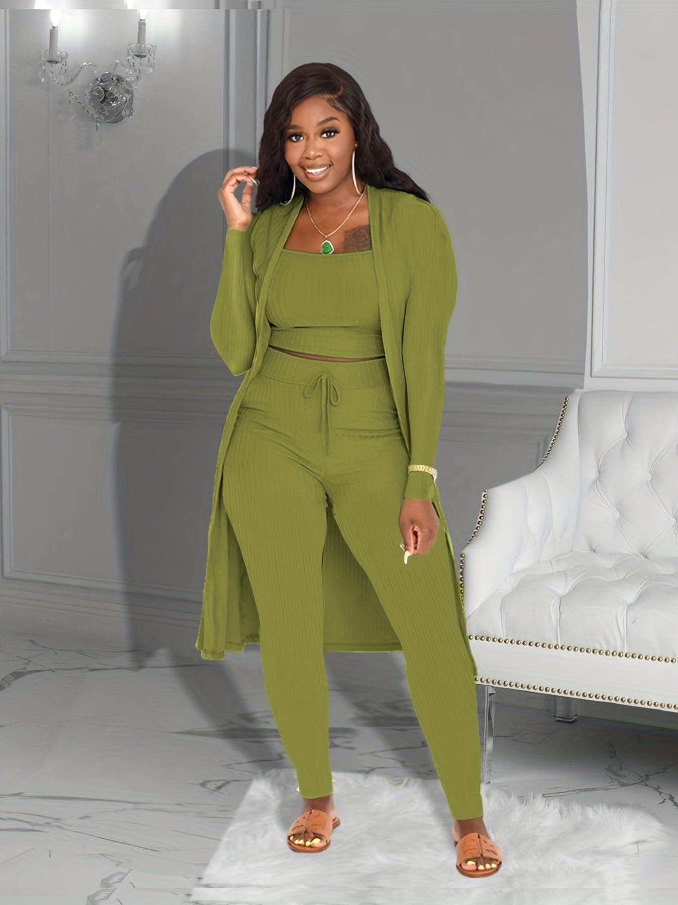 Ribbed 3pcs Set Crop Tank Top High Waist Pants Long Cardigan Outfits
