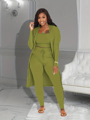 Ribbed 3pcs Set Crop Tank Top High Waist Pants Long Cardigan Outfits
