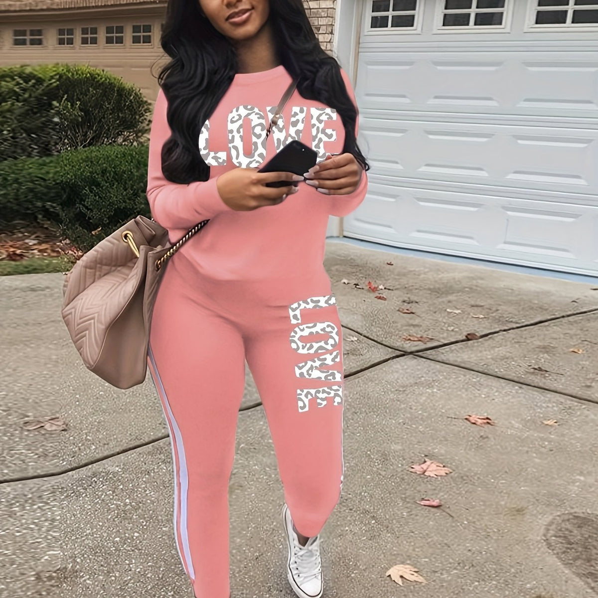  Leopard Print Pullover & Striped Pants Two Piece Set